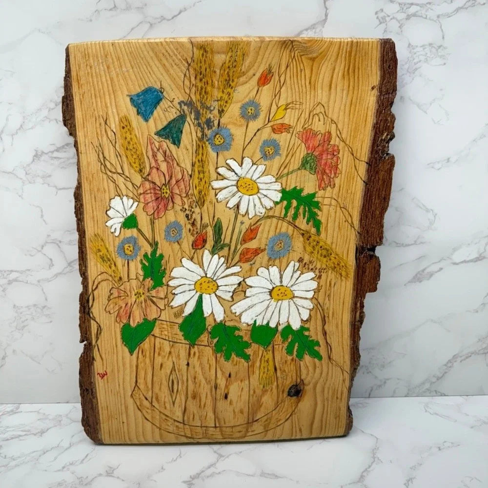 Hand Carved Painted Wood Slice Wall Art Floral Rustic Farmhouse Cabin Chic Decor
